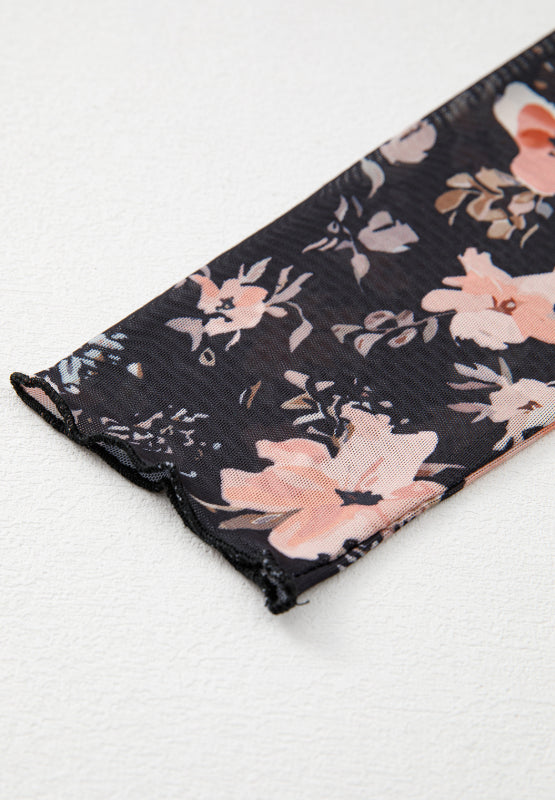 Black sheer floral mock neck top with lettuce edge sleeves