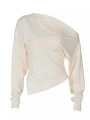 Apricot draped asymmetrical off-shoulder t-shirt with long sleeves.