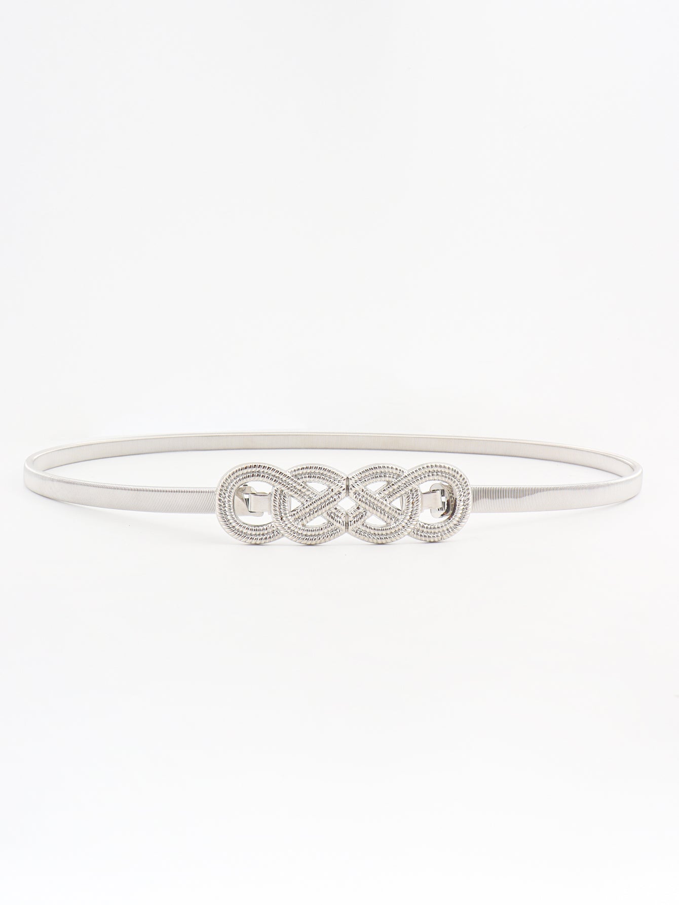 Silver metal belt with intertwined knot detail and elastic band