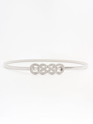 Silver metal belt with intertwined knot detail and elastic band