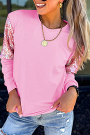 Long Sleeve Sequin Round Neck Pullover Shirt, front view