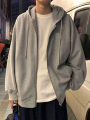 Gray casual zip-up hoodie with drawstring and white t-shirt underneath