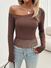 Brown off-shoulder blouse with long sleeves and lace trim detail