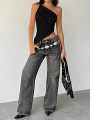Black asymmetrical one-shoulder slim cami with ruched detail.