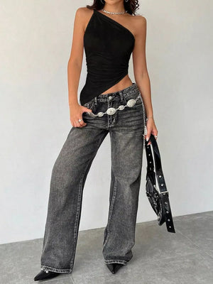 Black asymmetrical one-shoulder slim cami with ruched detail.