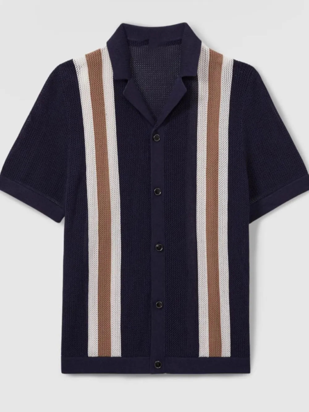 Navy knit polo shirt with vertical stripe detail and button-up neckline.