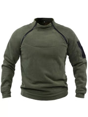 Men's army green fleece sweatshirt with mock neck and zippered pockets