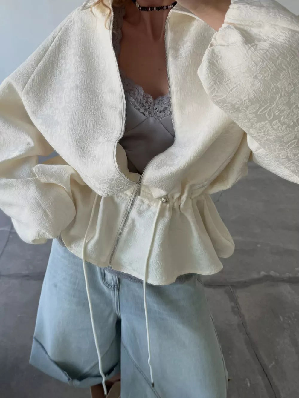 Apricot with Jacquard Bomber Jacket With Drawstring Waist in Apricot