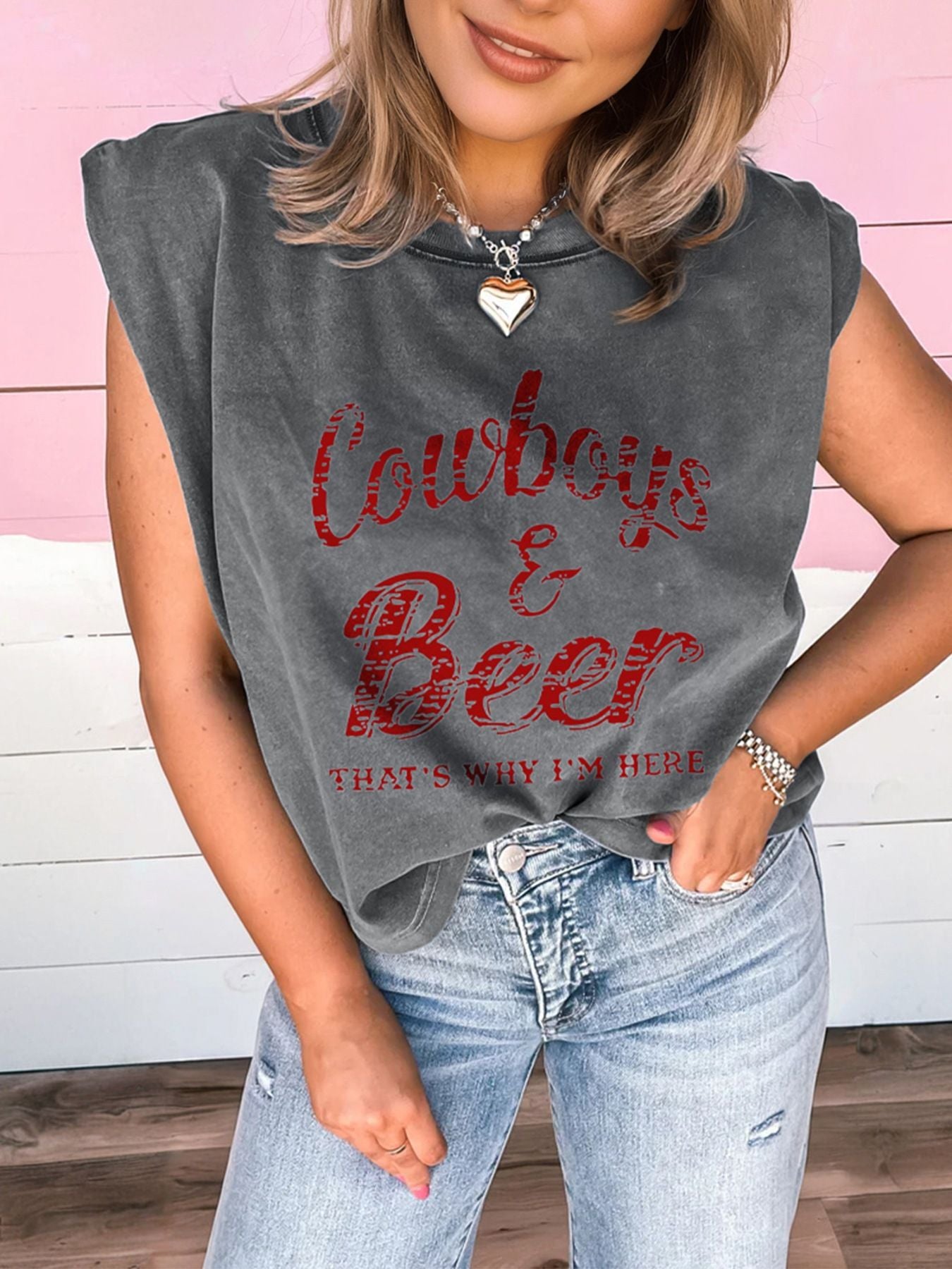 Dark gray acid-washed 100 cotton tank top with red Cowboys & Beer graphic and casual fit.
