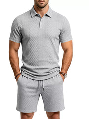 Men's Textured Short Sleeve Polo & Shorts Set in Dark Gray, close-up detail
