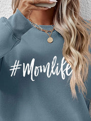Misty Blue crewneck sweatshirt with white #Momlife graphic, crew neck, long sleeves.