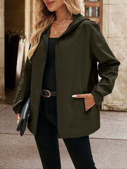 Army green zip-through hooded jacket with black trim and zippered pockets.
