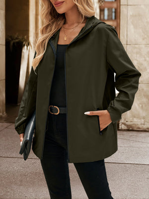 Army green zip-through hooded jacket with black trim and zippered pockets.