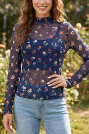 Polka Dot Floral Mesh Long Sleeve Top in Navy, side view