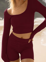 Burgundy ribbed scoop neck crop top and shorts set with thumbholes.