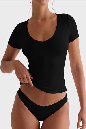 Black V-neck second-skin tee with short sleeves, a close fit, and a smooth texture.