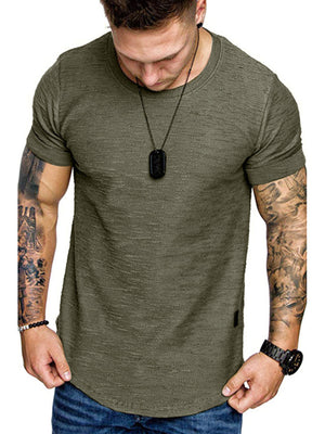 Men's army green textured cotton blend slim fit t-shirt with round neck