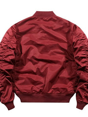 Men's red bomber jacket with zip-up front and ribbed cuffs and hem.
