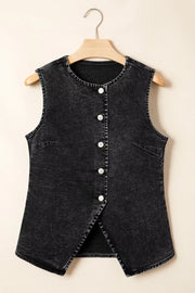 Black denim vest with button front and split hem detail