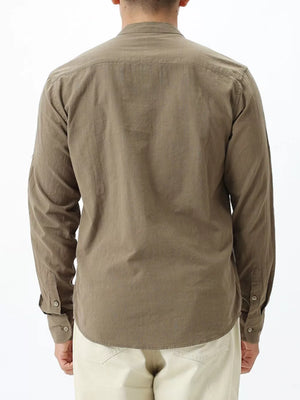 Men's cotton mandarin collar shirt in Desert Color, button-down with long sleeves.