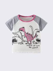 Toddler t-shirt with playful dinosaur print, grey raglan sleeves, and pink trim.