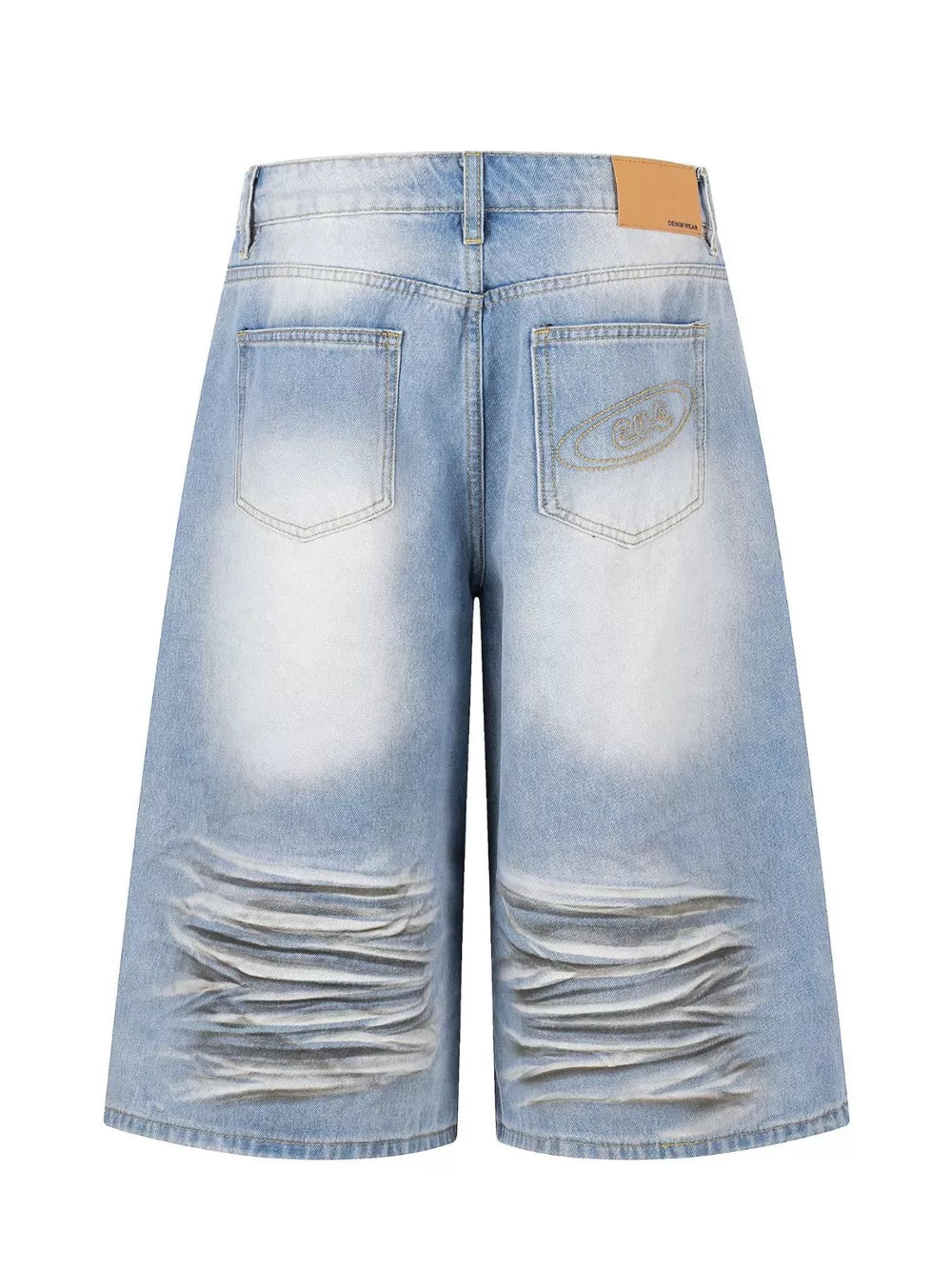Men's light wash distressed wide-leg capri jeans with whiskering and embroidered back pocket detail.