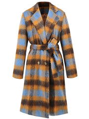 Belted bouclé overcoat with plaid pattern in brown, orange, and light blue, featuring a tie waist and double-breasted
