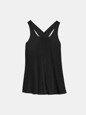 Black flow tank top with a crisscross back detail and scoop neckline.