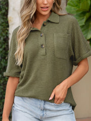 Moss waffle-knit collared polo shirt with button detail and chest pocket