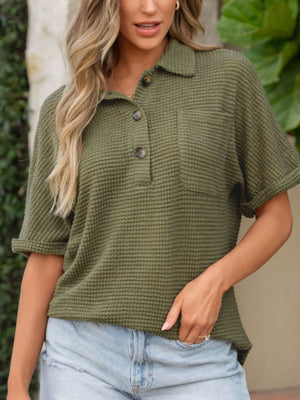 Moss waffle-knit collared polo shirt with button detail and chest pocket