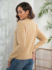 Khaki cable knit polo neck jumper with long sleeves, acrylic material.