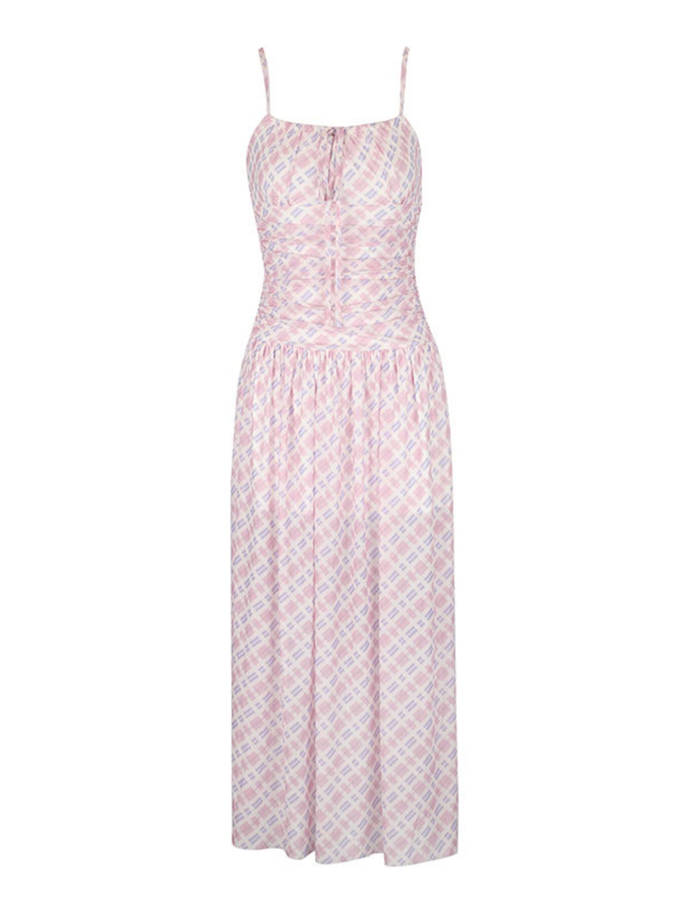 Ruched tied maxi dress in pink and white plaid, with spaghetti straps and a sweetheart neckline.