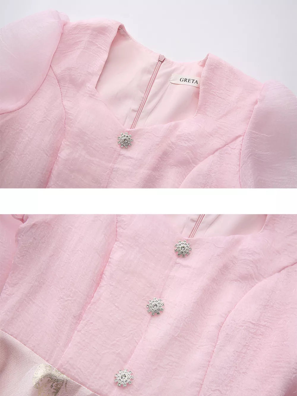 Pink midi dress with puff sleeves, square neckline, and jeweled buttons.