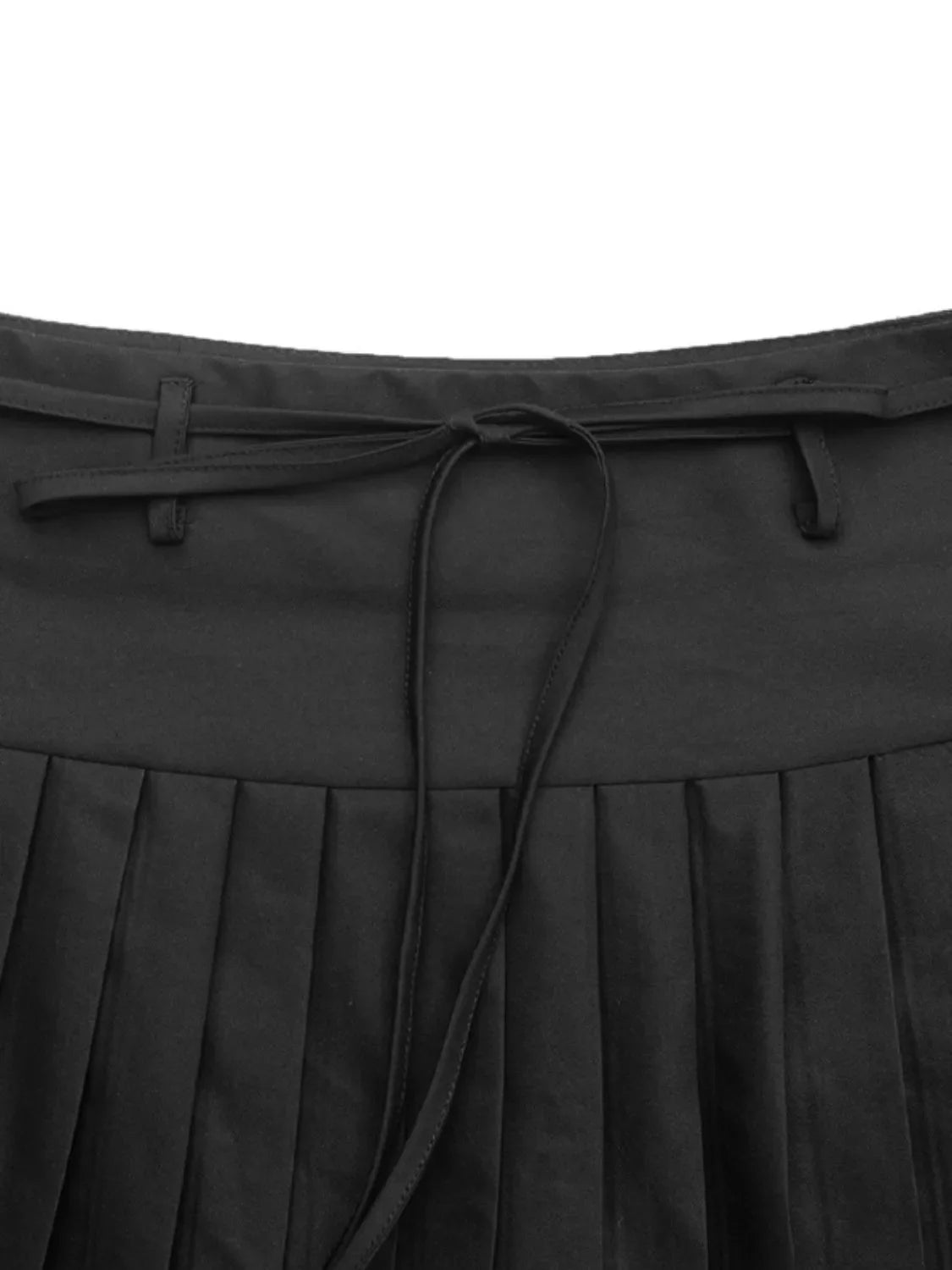 Black tie-waist pleated mini skirt with a drawstring detail.