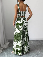 Green tropical print crop top with tie straps and wide leg pants set