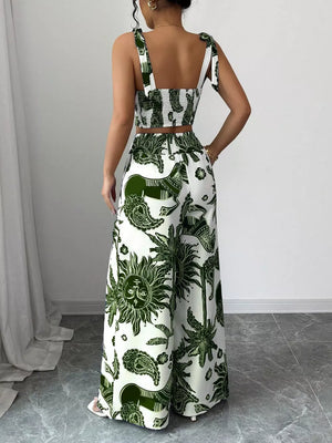 Green tropical print crop top with tie straps and wide leg pants set
