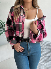 Cropped plaid shacket in fuchsia pink with gathered sleeves and button front.