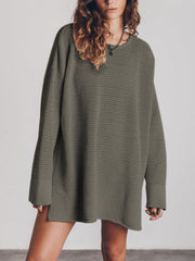 Oversized open-knit sweater dress in Army Green with long sleeves and a V-neck.