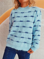 Pastel blue crew neck sweater with textured blue stripes in acrylic knit.
