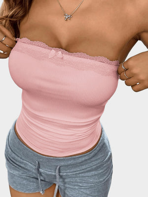 Ribbed knit bandeau top in blush pink with lace trim and a bow detail.