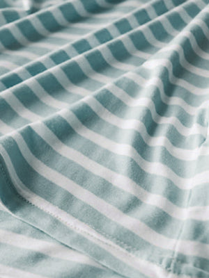 Striped built-in bra tee in turquoise and white, soft fabric detail