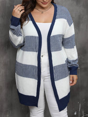 Striped open-front knit cardigan in dark navy and white, 100% acrylic, long sleeve, casual style.