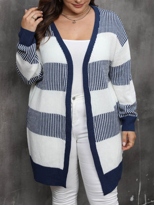 Striped open-front knit cardigan in dark navy and white, 100% acrylic, long sleeve, casual style.