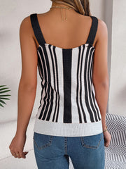 Crochet stripe button-front tank top in black and white with black straps.