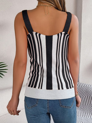 Crochet stripe button-front tank top in black and white with black straps.