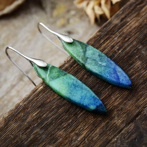 Verdant Stone Teardrop Dangle Earrings in Blue/Green/Gold feature polished stone with silver hooks.