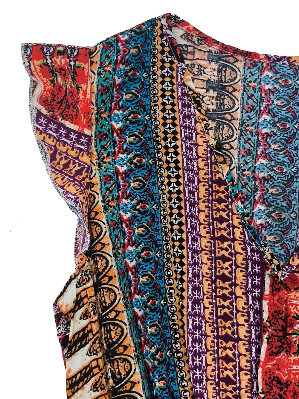 Bohemian maxi dress with ruffle sleeves in a colorful tribal print.