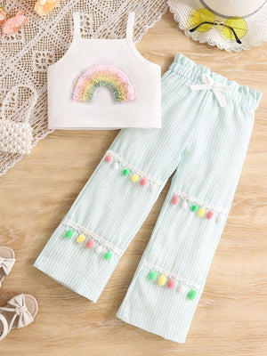 Baby girls' white rainbow tank top and pastel striped pants set with pom-pom trim.