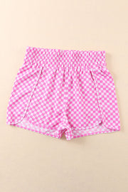 Fuchsia pink checkered shorts with elastic waist and scalloped hem
