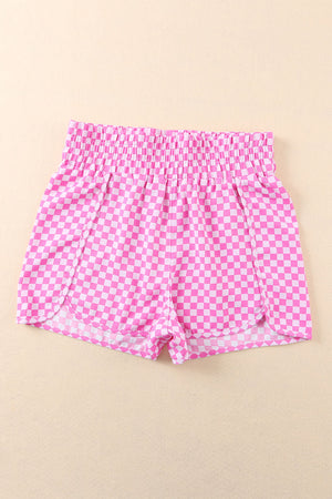 Fuchsia pink checkered shorts with elastic waist and scalloped hem
